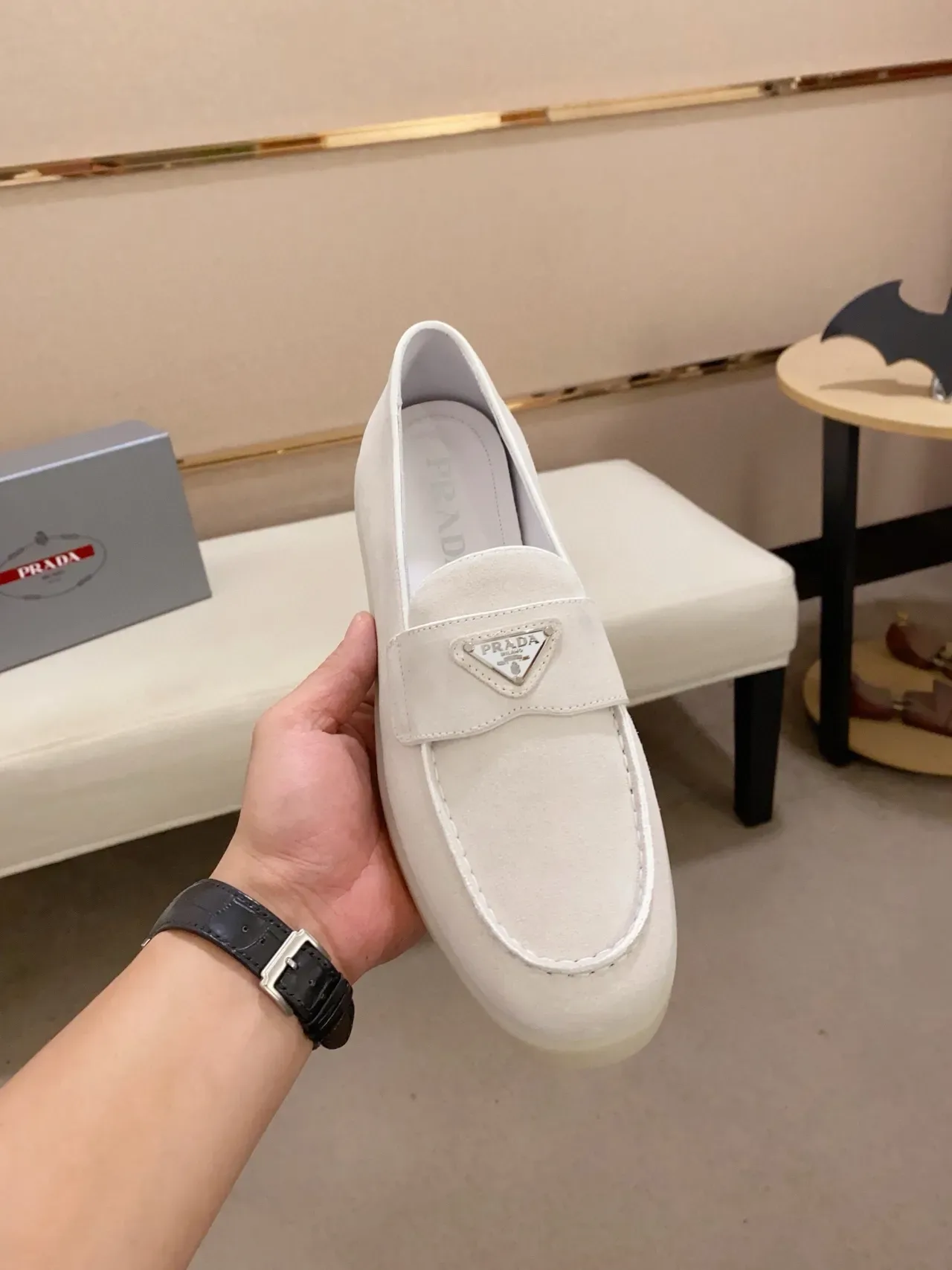 White Beige Suede-Like Upper Translucent Rubber Sole Loafer 5