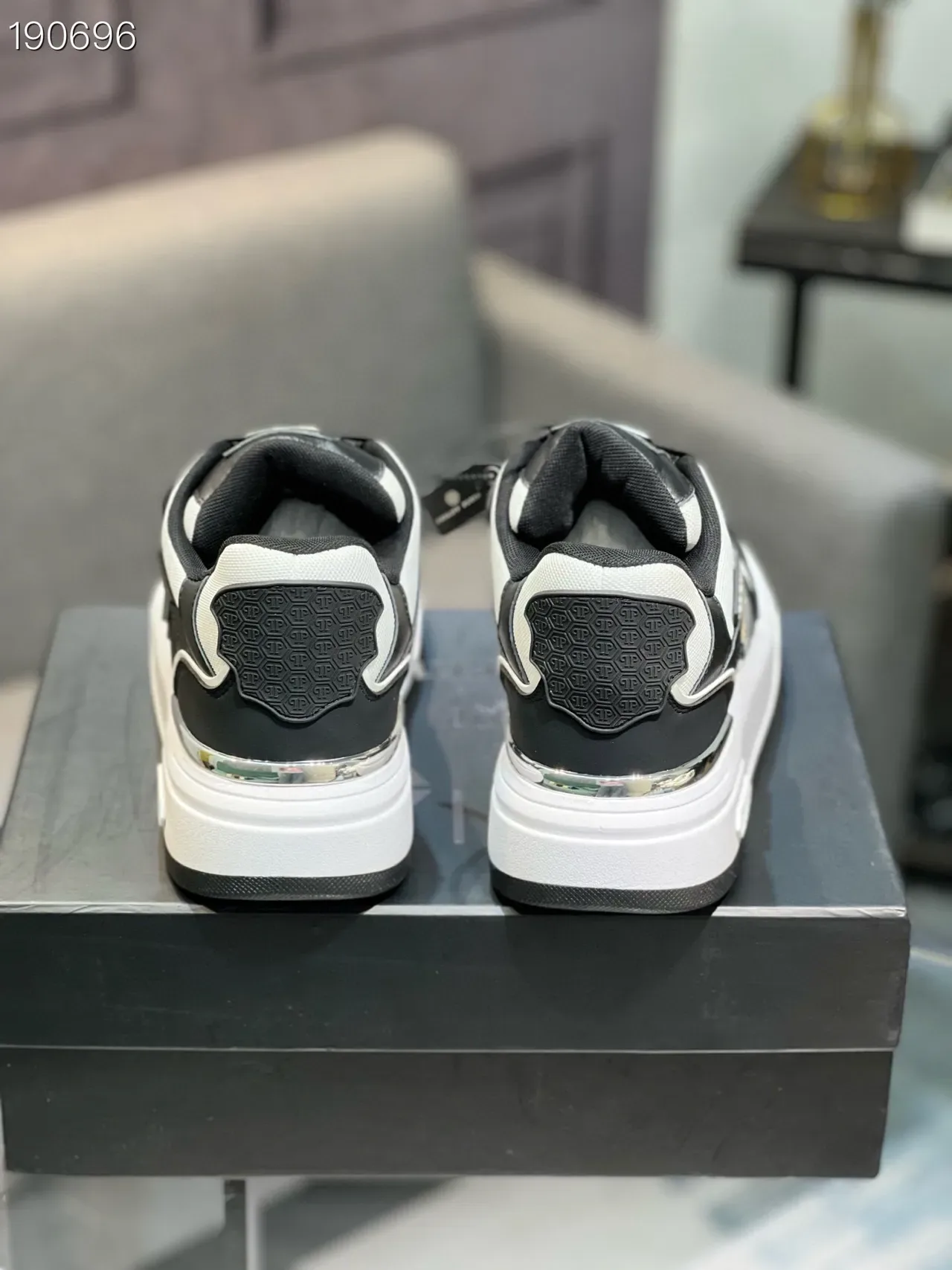 White Black Monochrome Panelled Upper Hexagonal Metallic Emblem Sneakers 2