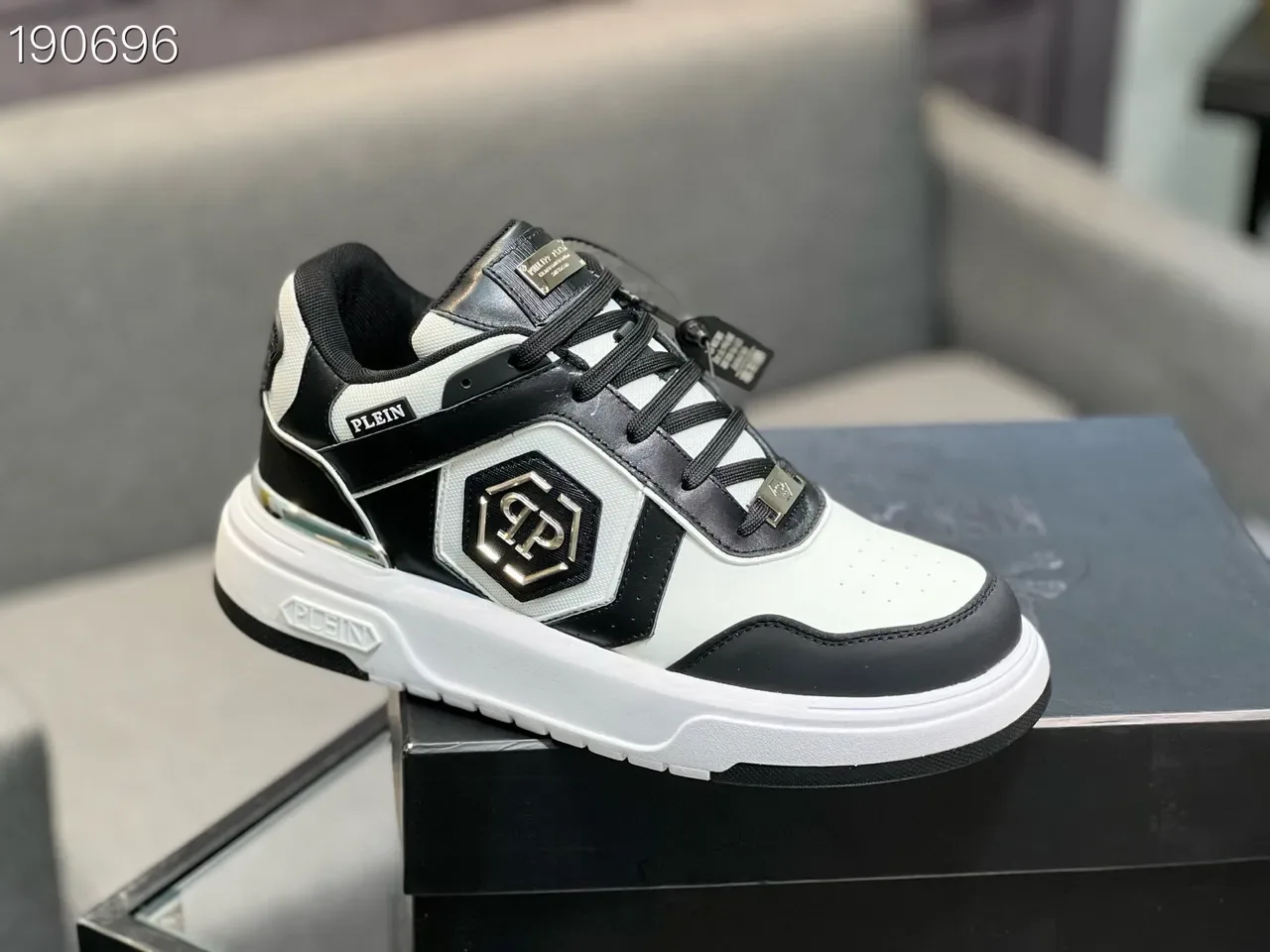 White Black Monochrome Panelled Upper Hexagonal Metallic Emblem Sneakers 4