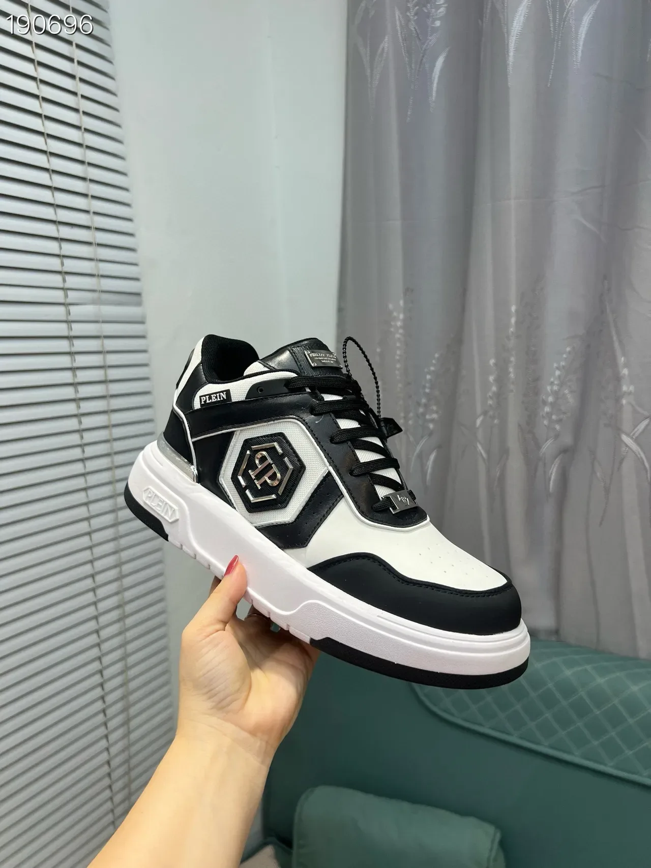 White Black Monochrome Panelled Upper Hexagonal Metallic Emblem Sneakers 7