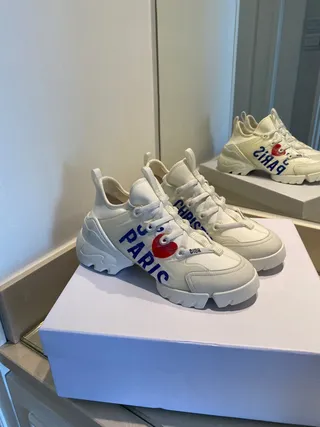 White Blue Sole Graphic Text Print Chunky Sneakers 7