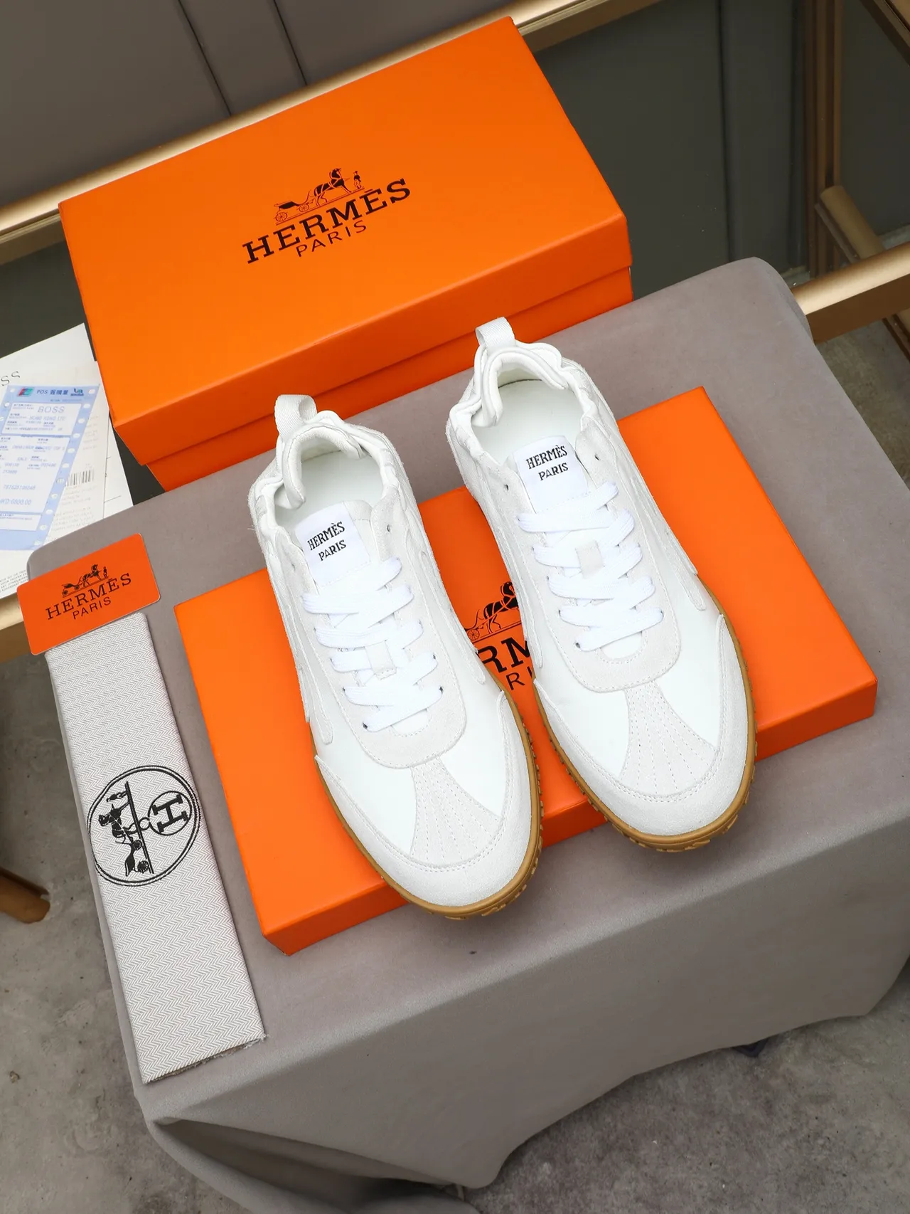 White Brown Leather-Suede Hybrid Upper Stitched Abstract Side Logo Sneakers 3