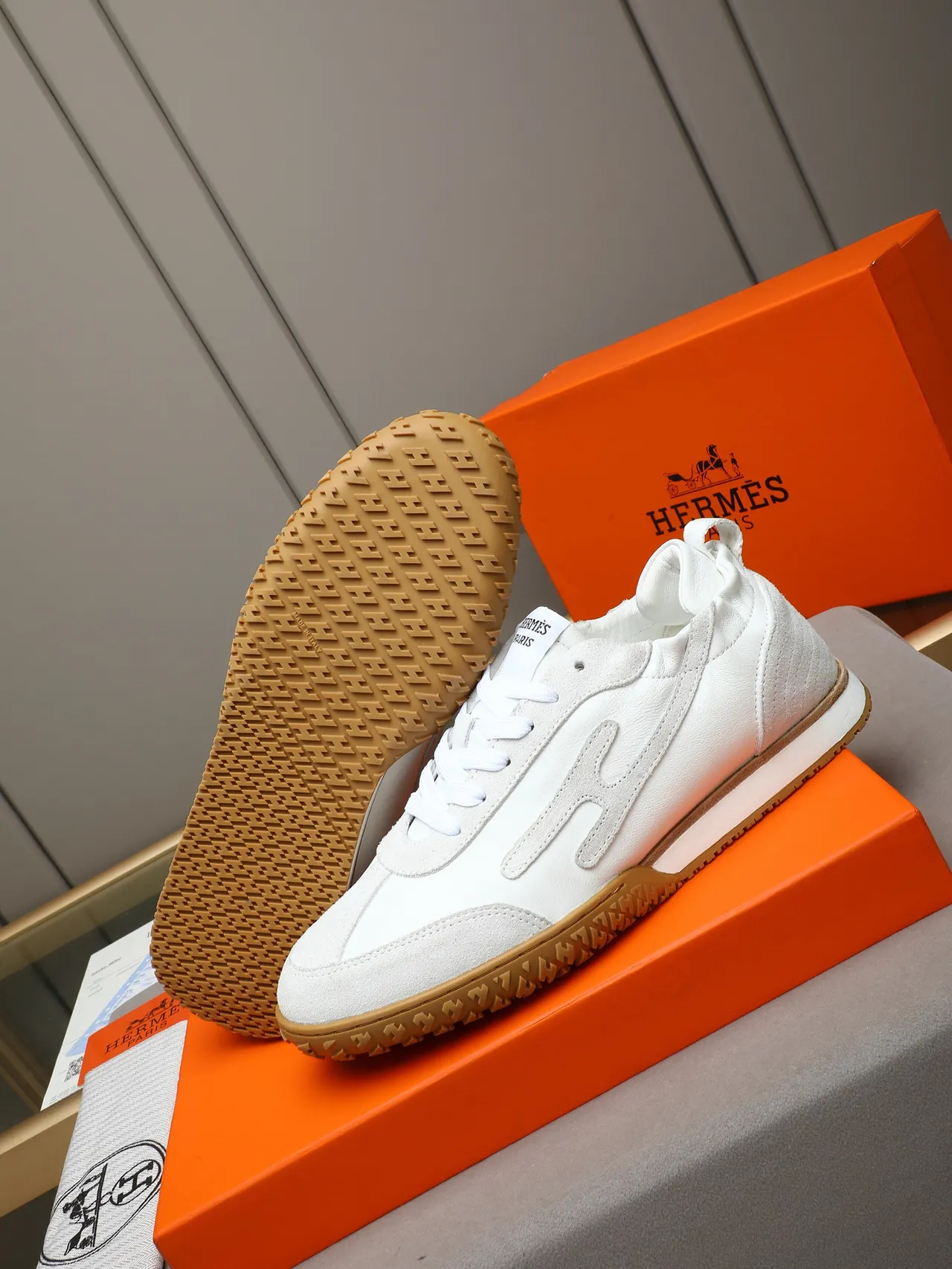 White Brown Leather-Suede Hybrid Upper Stitched Abstract Side Logo Sneakers 4