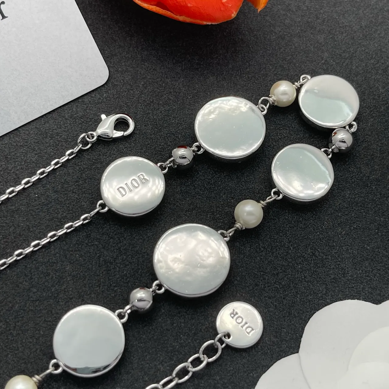 White Enamel Disc Charm and Pearl Necklace 3