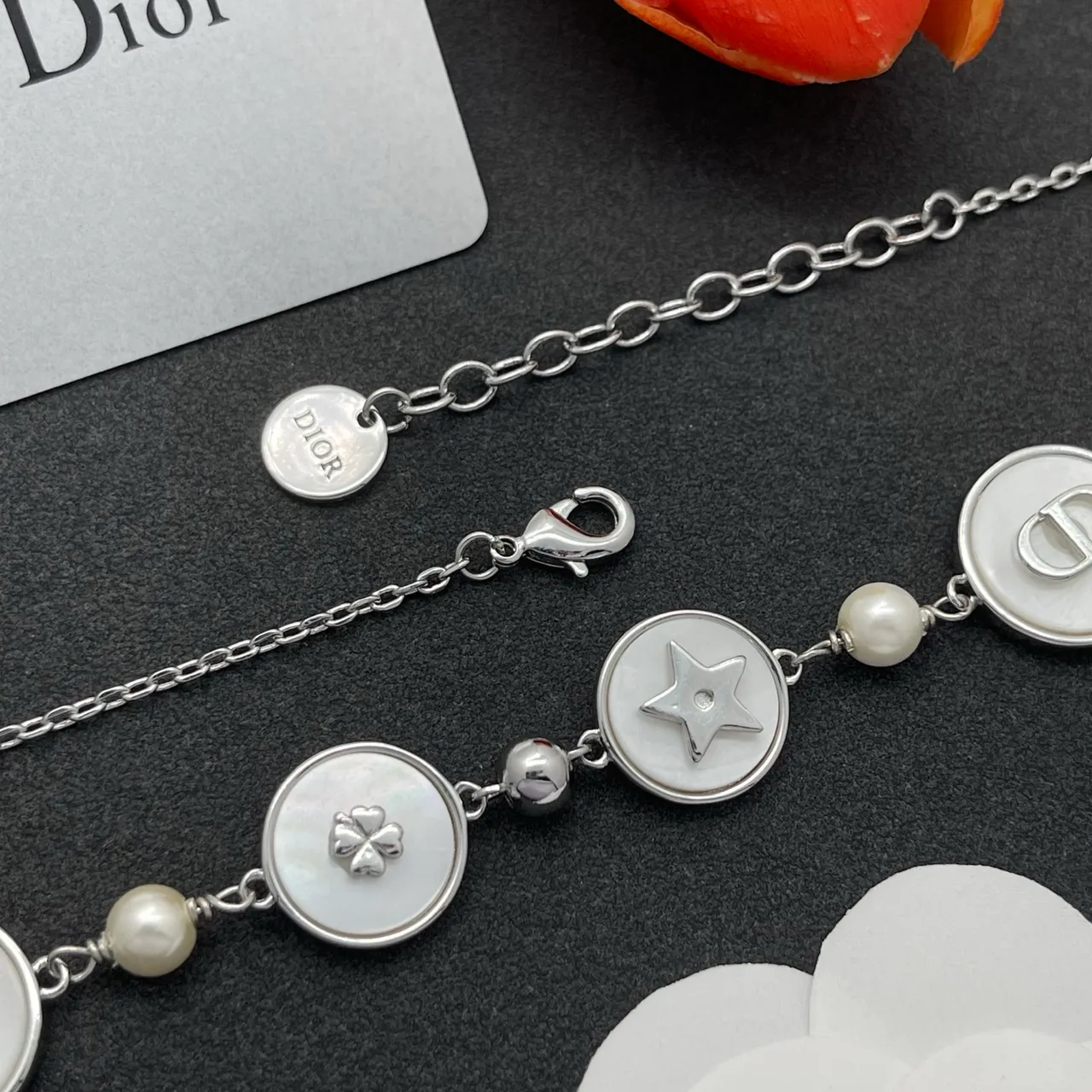 White Enamel Disc Charm and Pearl Necklace 4