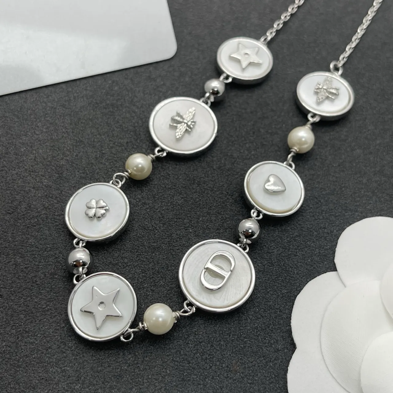 White Enamel Disc Charm and Pearl Necklace 6