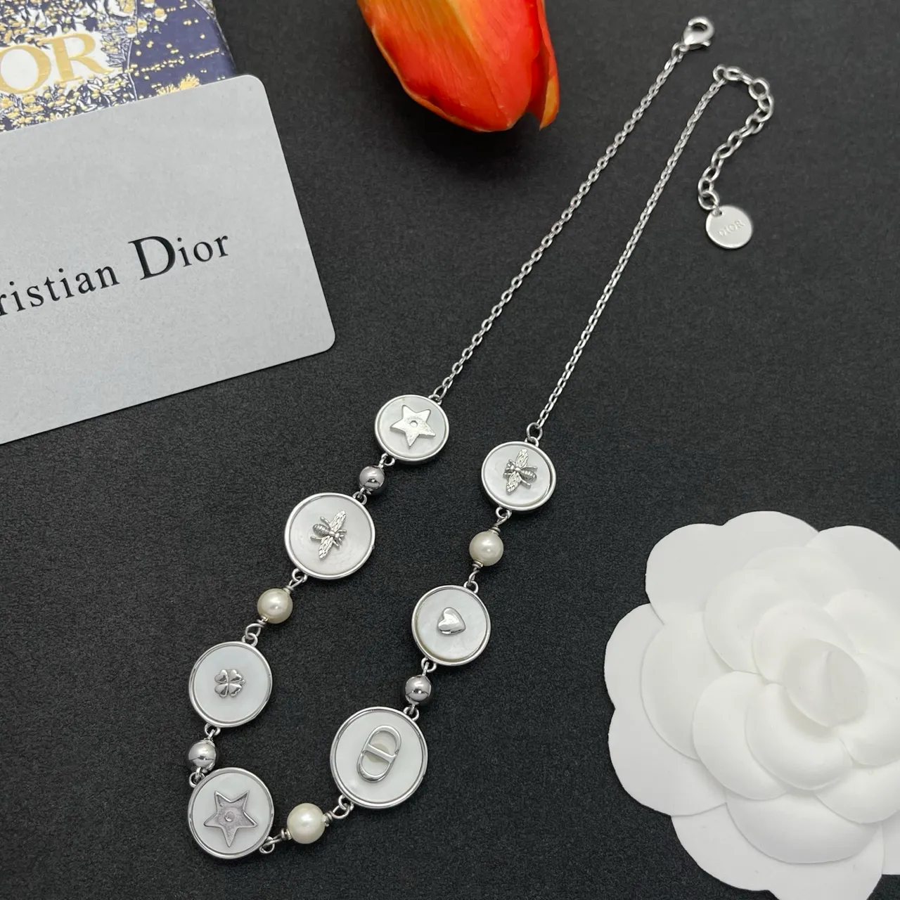 White Enamel Disc Charm and Pearl Necklace 7