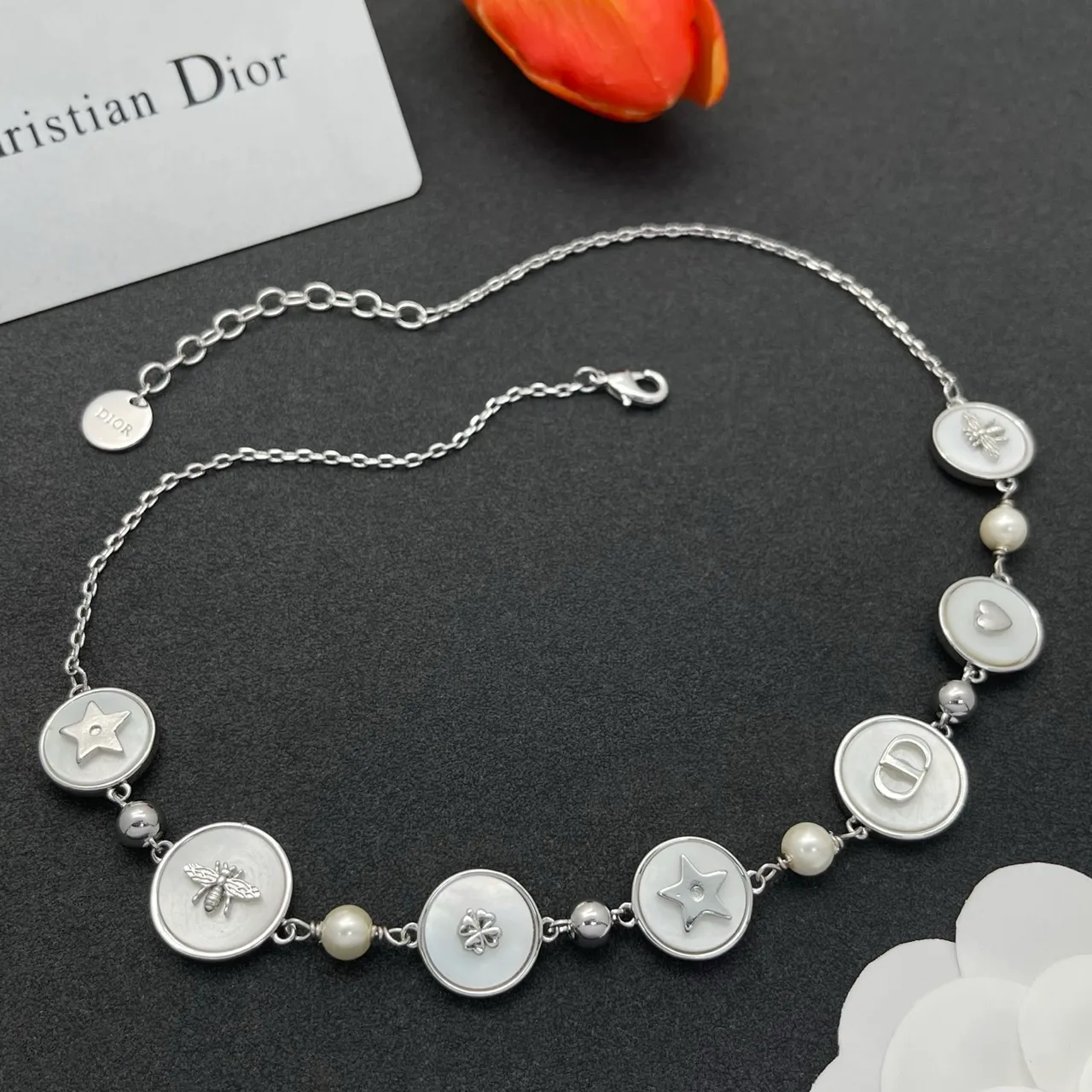 White Enamel Disc Charm and Pearl Necklace 8