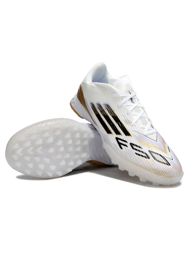 White Gold Knit Upper Metallic Heel Counter Turf Soccer Shoes 2