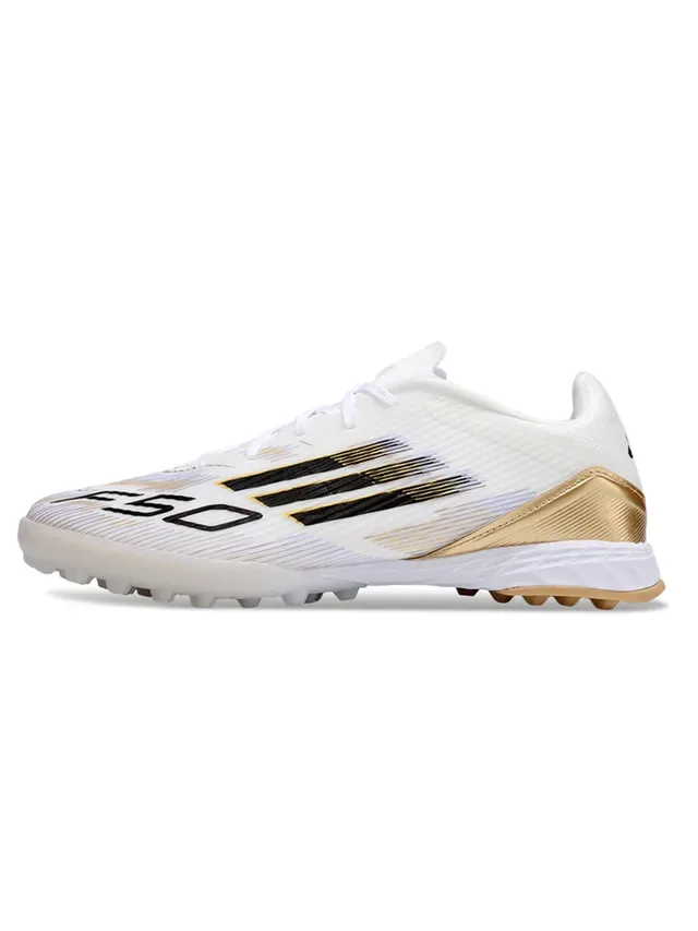 White Gold Knit Upper Metallic Heel Counter Turf Soccer Shoes 3