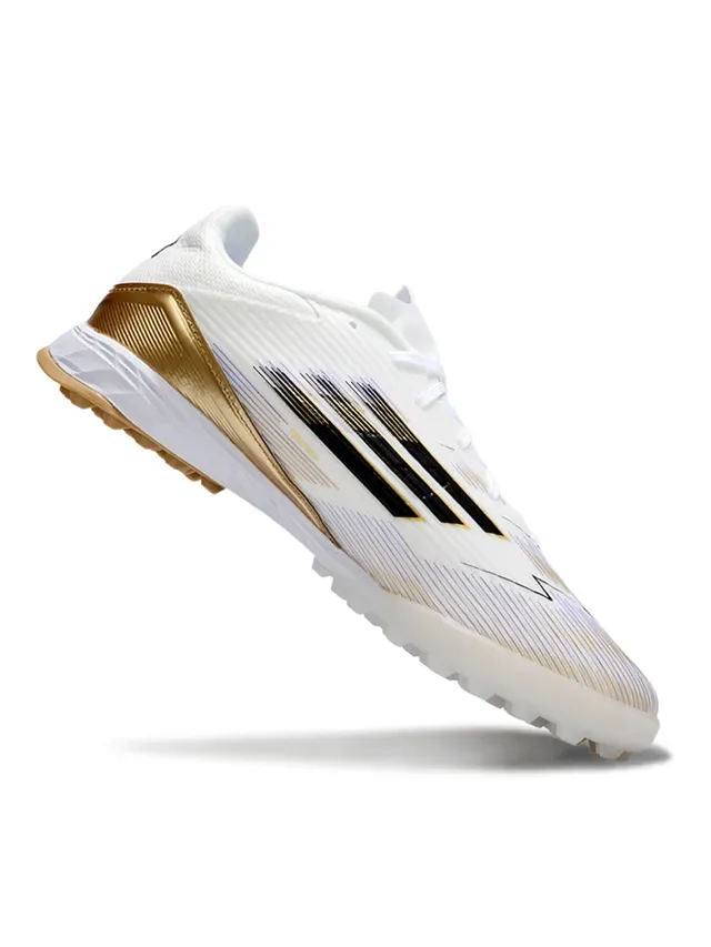White Gold Knit Upper Metallic Heel Counter Turf Soccer Shoes 4