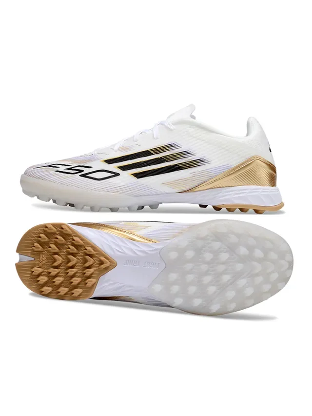 White Gold Knit Upper Metallic Heel Counter Turf Soccer Shoes 5