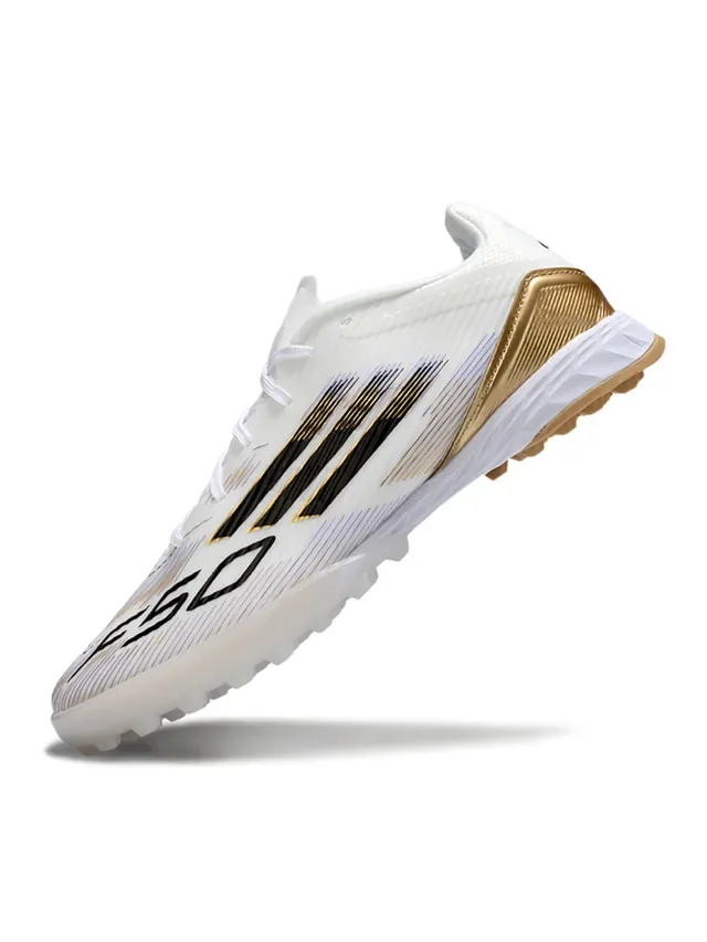 White Gold Knit Upper Metallic Heel Counter Turf Soccer Shoes 7
