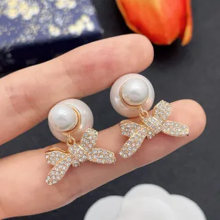 White Gold Pearl Stud Crystal-Embellished Bow Earrings
