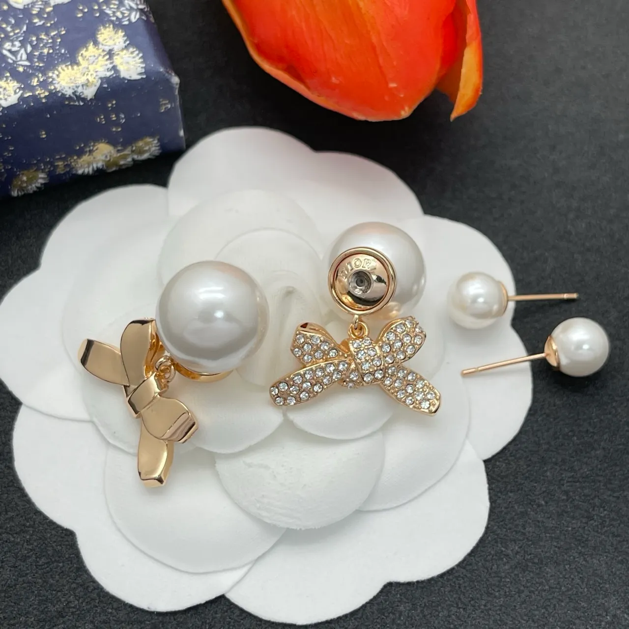 White Gold Pearl Stud Crystal-Embellished Bow Earrings 4
