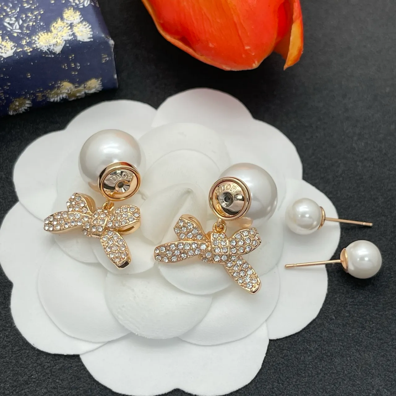 White Gold Pearl Stud Crystal-Embellished Bow Earrings 5