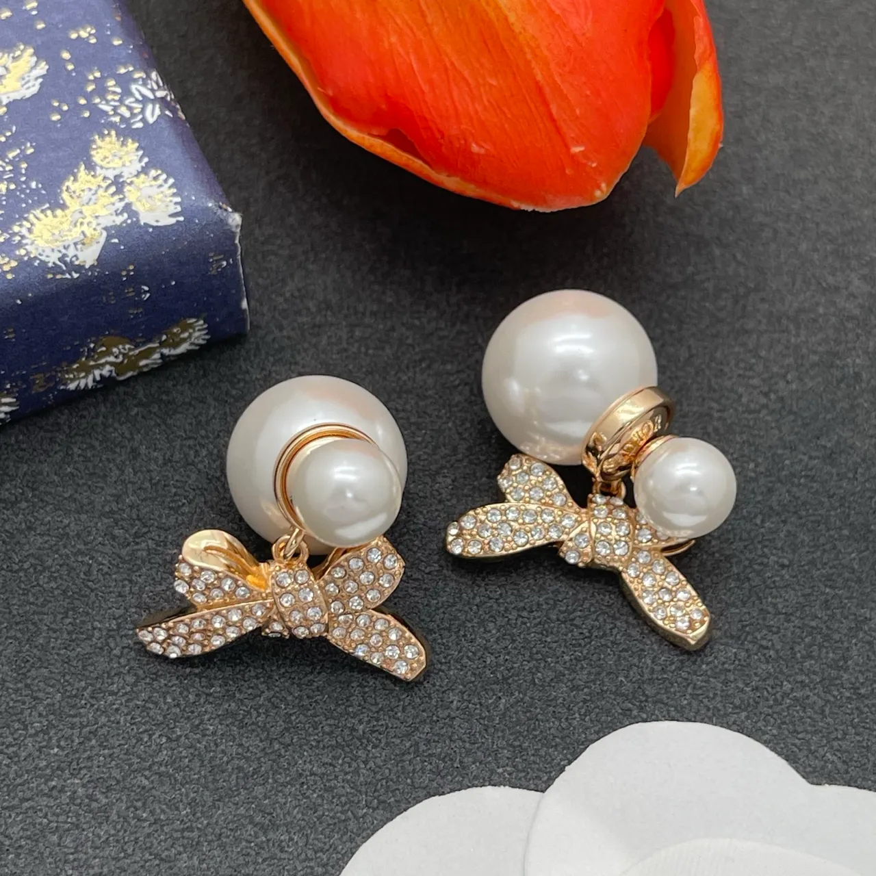 White Gold Pearl Stud Crystal-Embellished Bow Earrings 6