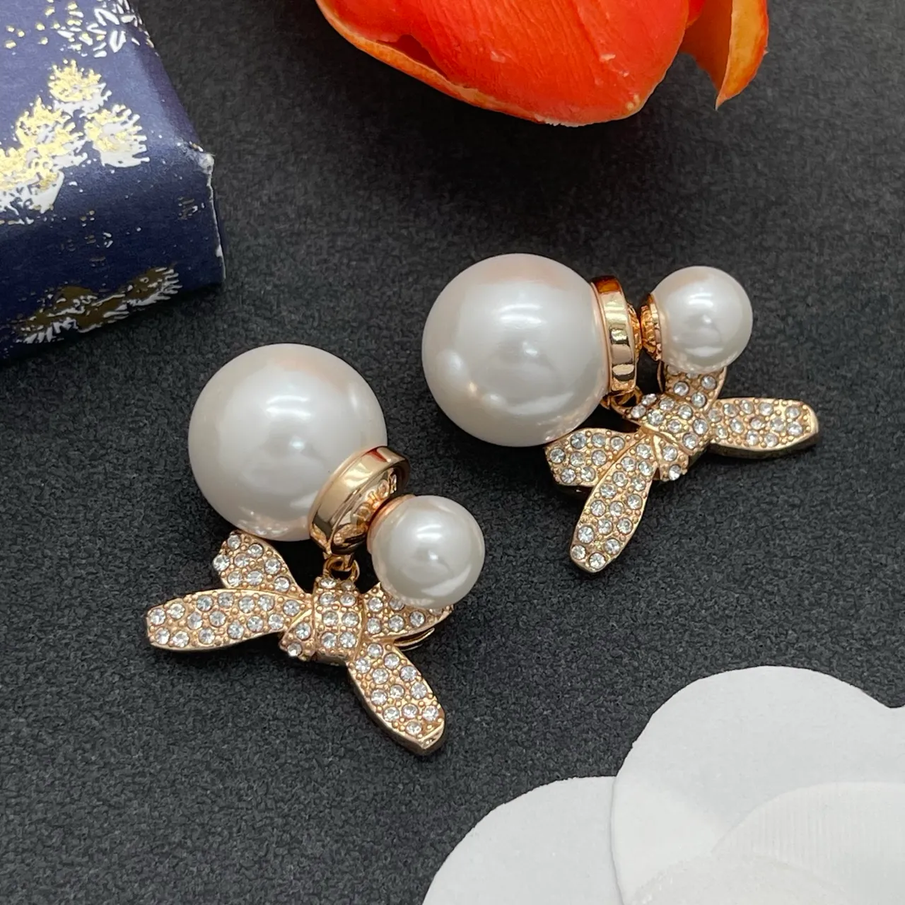 White Gold Pearl Stud Crystal-Embellished Bow Earrings 7