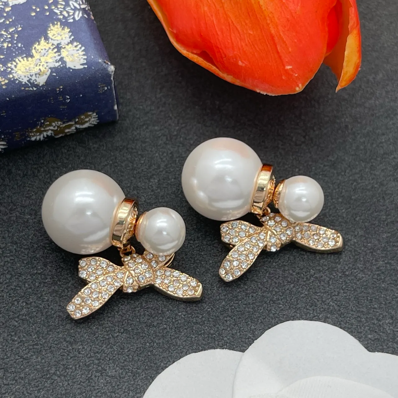 White Gold Pearl Stud Crystal-Embellished Bow Earrings 8