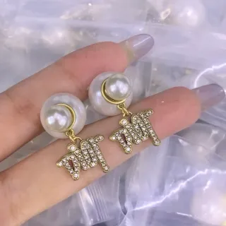 White Gold Pearl Stud Crystal-Embellished Letter Charm Earrings