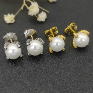 White Gold Pearl Studs Twisted Wire Prongs Earrings
