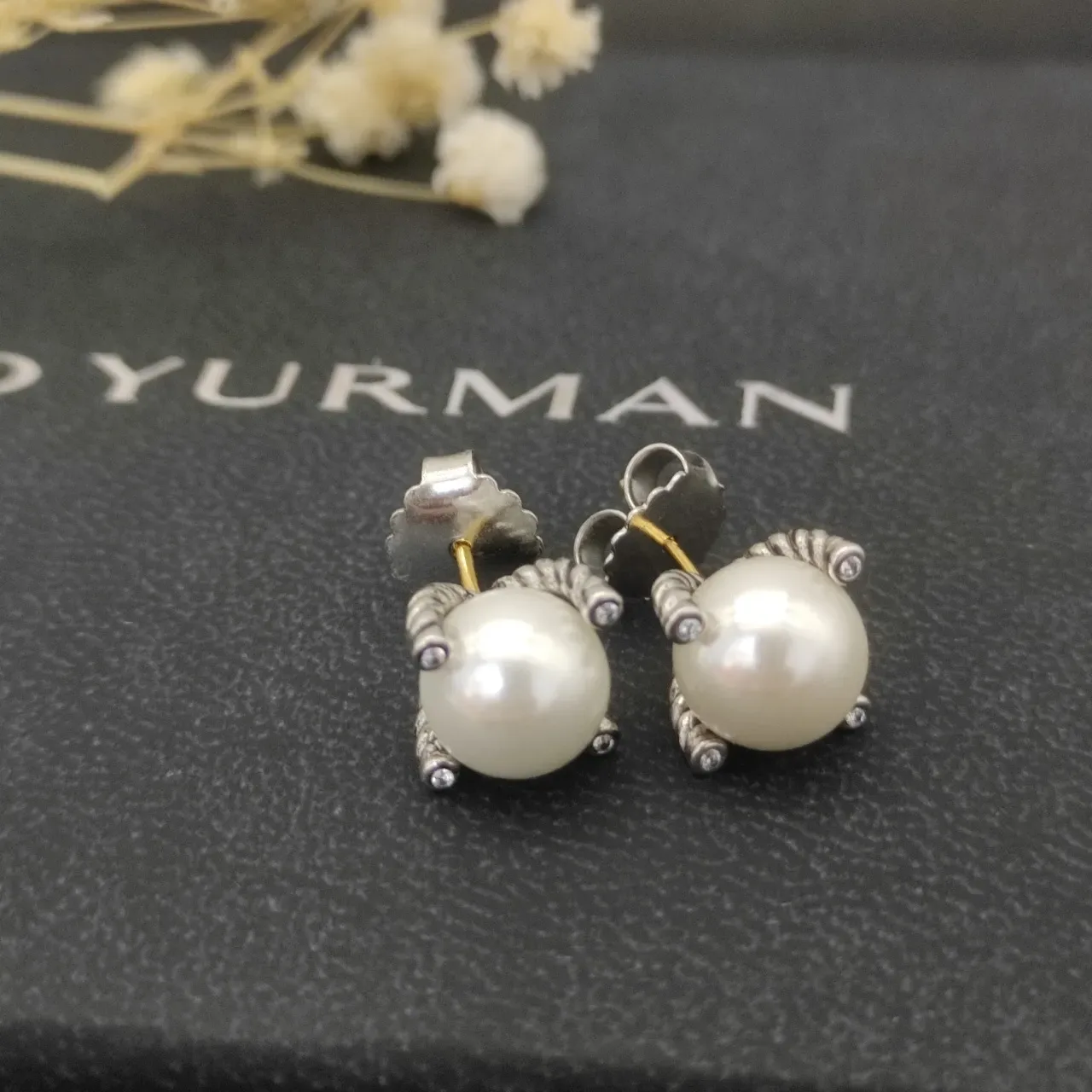White Gold Pearl Studs Twisted Wire Prongs Earrings 4