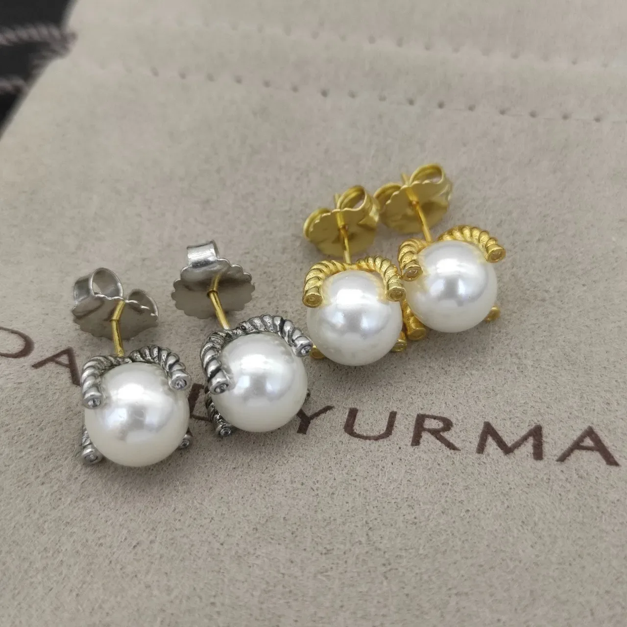 White Gold Pearl Studs Twisted Wire Prongs Earrings 5