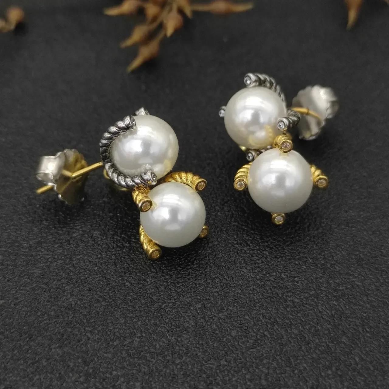 White Gold Pearl Studs Twisted Wire Prongs Earrings 8