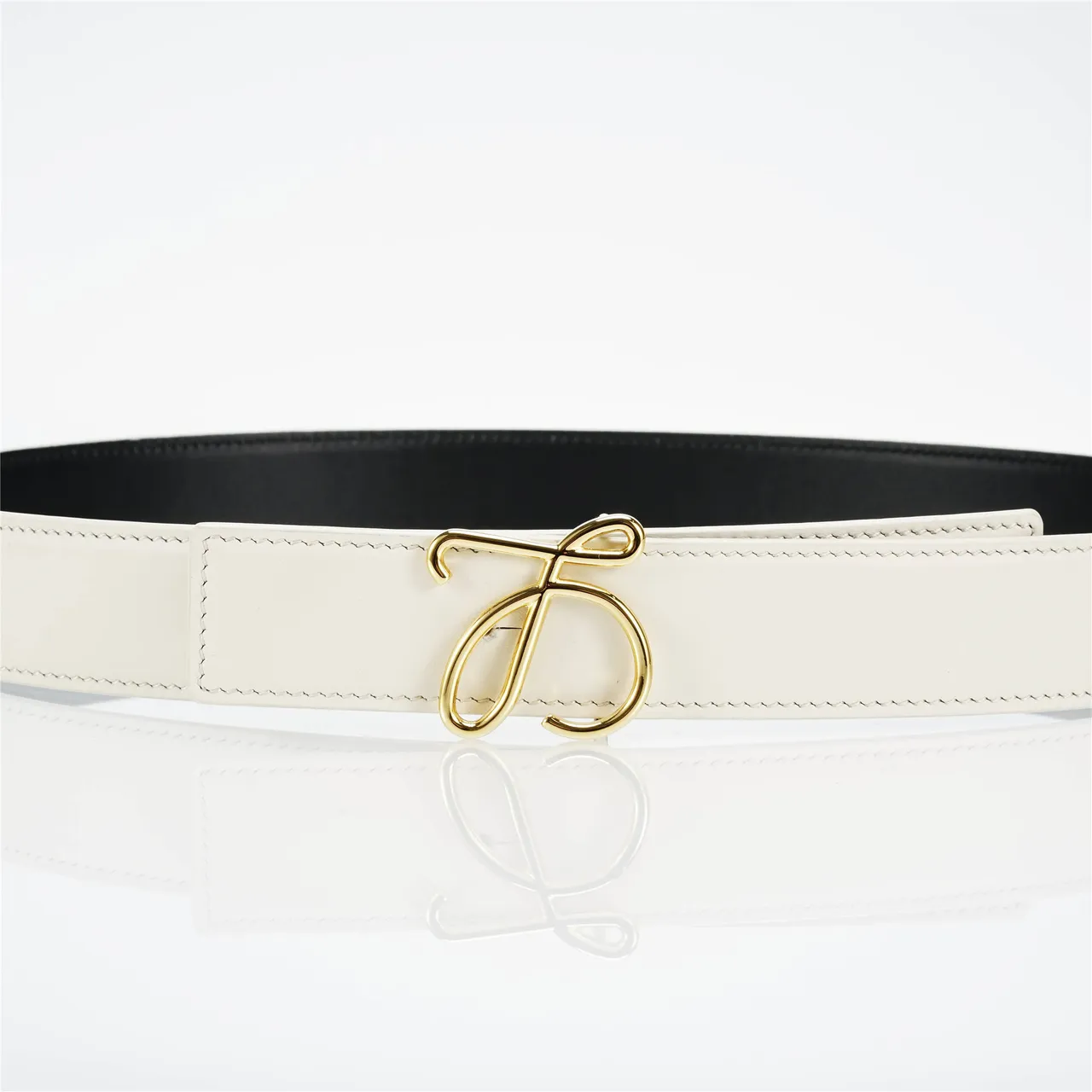 White Gold Smooth Stitched Edge Leather Belt 8