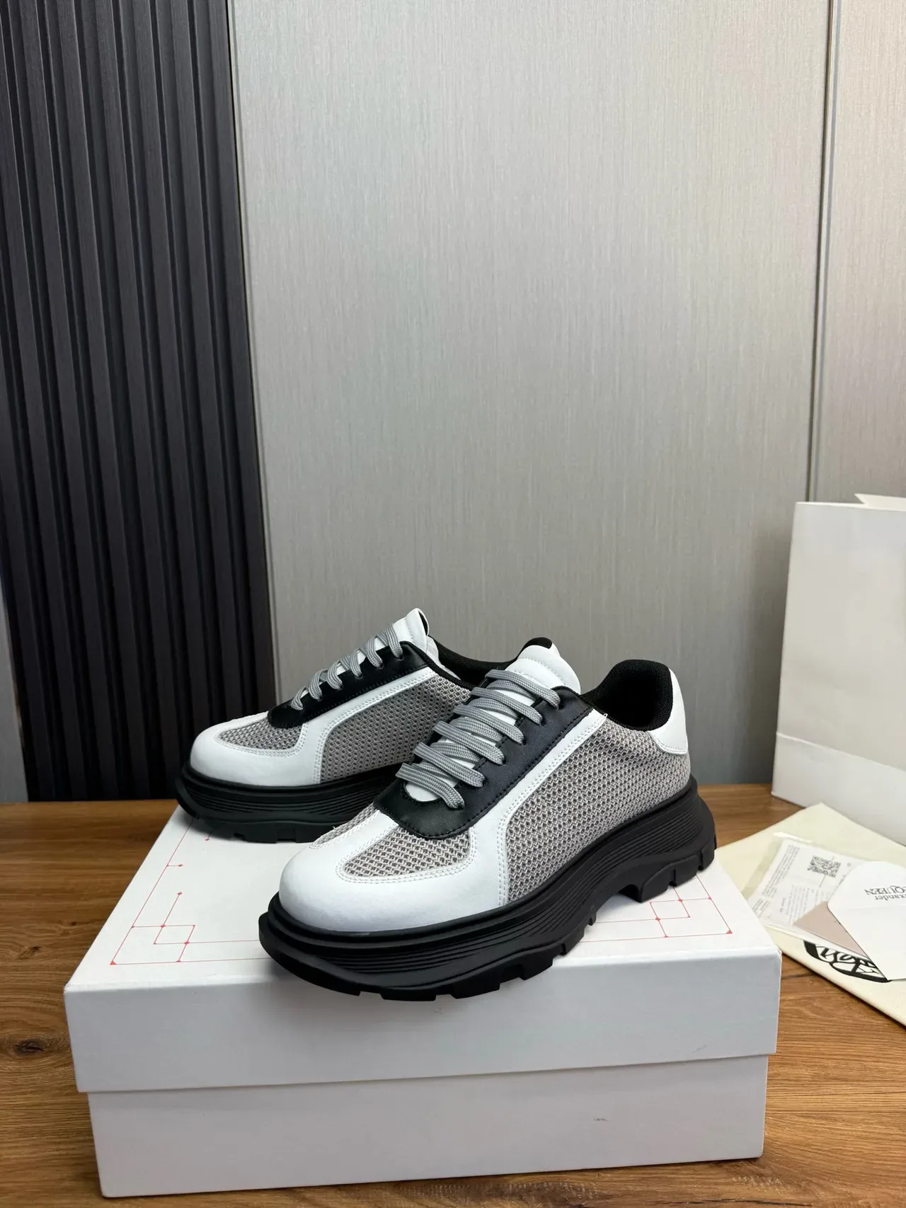 White Gray Black Mesh and Leather Chunky Sole Sneaker 3
