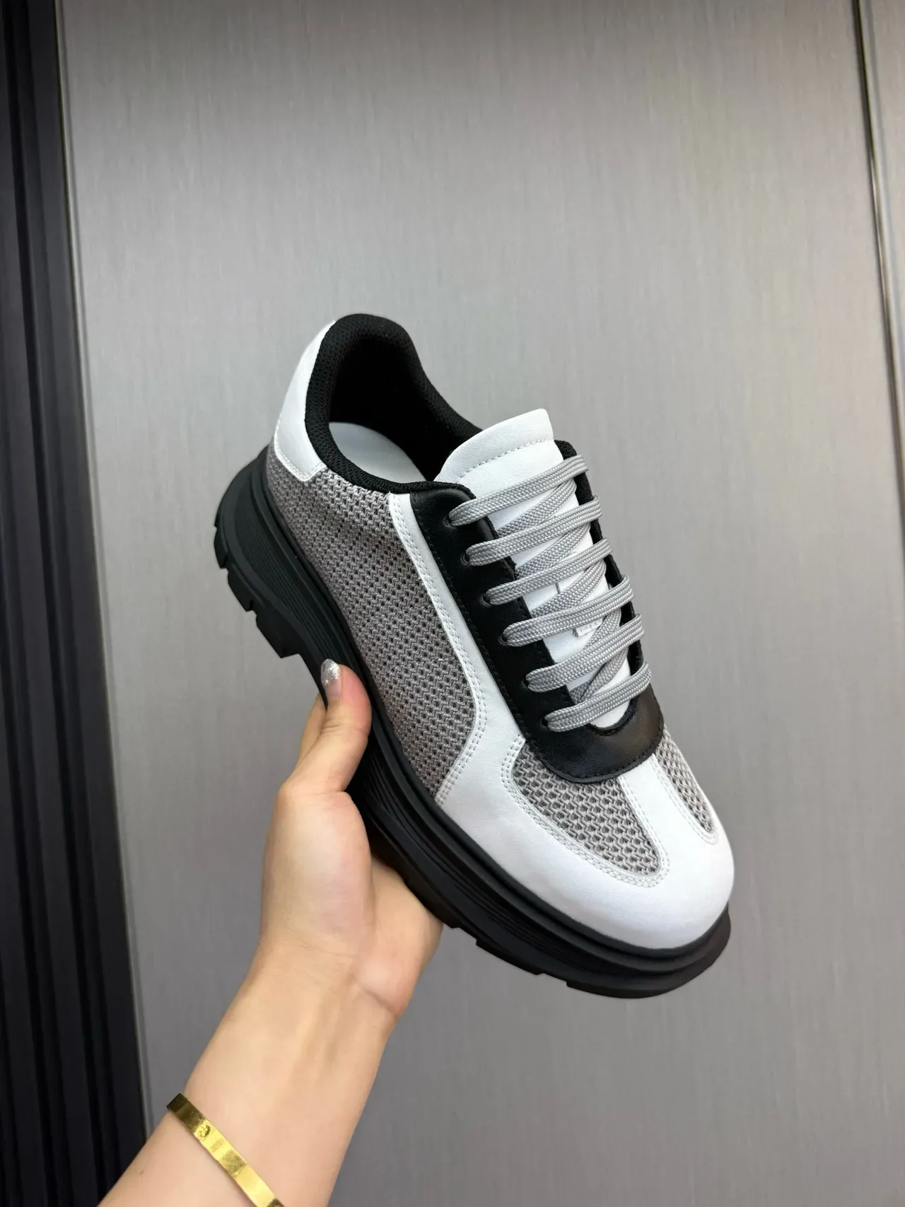 White Gray Black Mesh and Leather Chunky Sole Sneaker 8