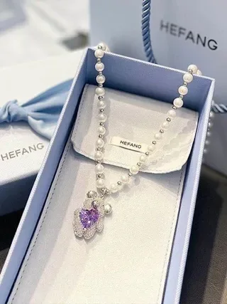 White Purple Double-Strand Pearl Bear-Shaped Pavé Pendant Necklace 6