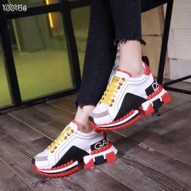 White Red Platform Sole Geometric Block Heel Chunky Sneakers 4