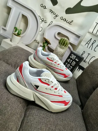 White Red Platform Sole Mesh And Synthetic Panel Construction Chunky Sneakers 9