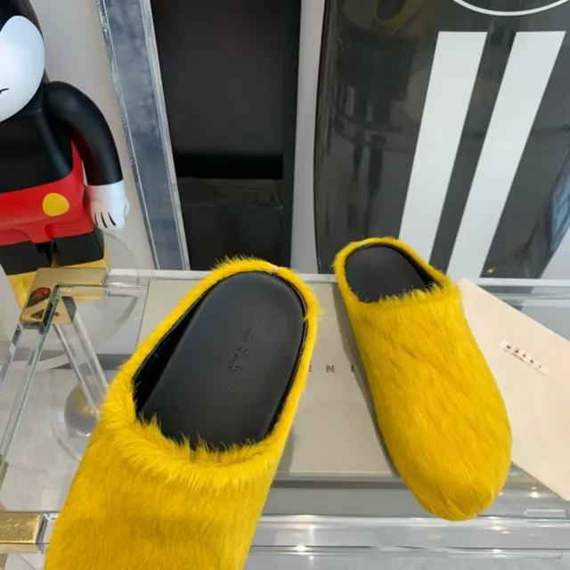 Yellow Black Fuzzy Shearling-Like Upper Open-Back Slipper Silhouette Slippers 5