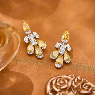 Yellow Pear-Shaped Gemstone and Pavé Diamond Chandelier Earrings