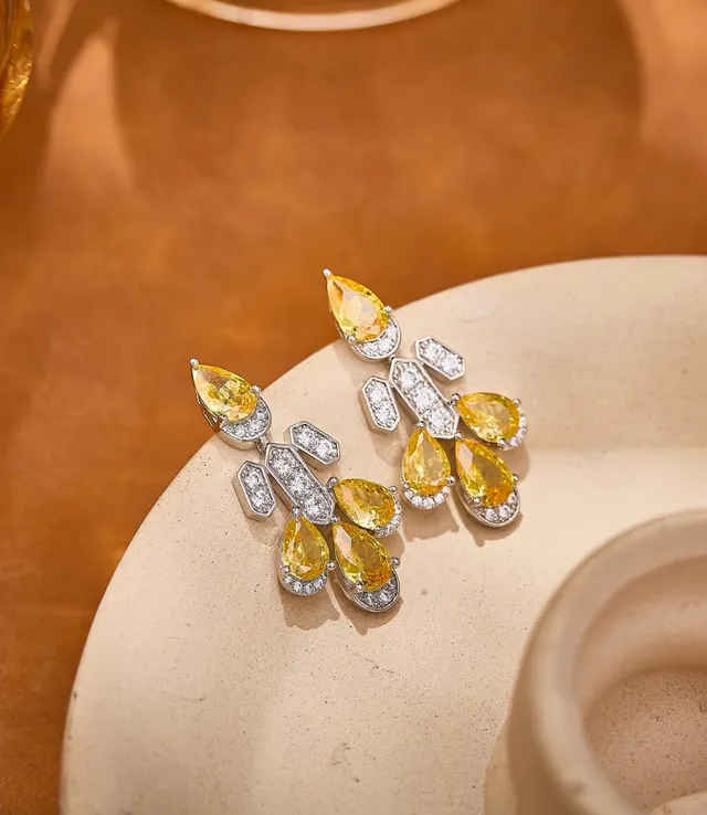 Yellow Pear-Shaped Gemstone and Pavé Diamond Chandelier Earrings 3