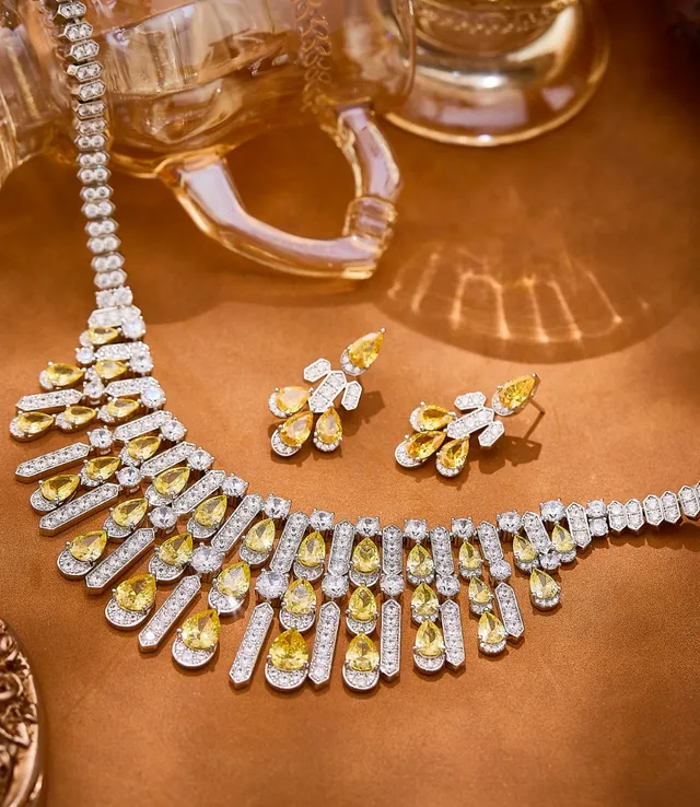Yellow Pear-Shaped Gemstone and Pavé Diamond Chandelier Earrings 5