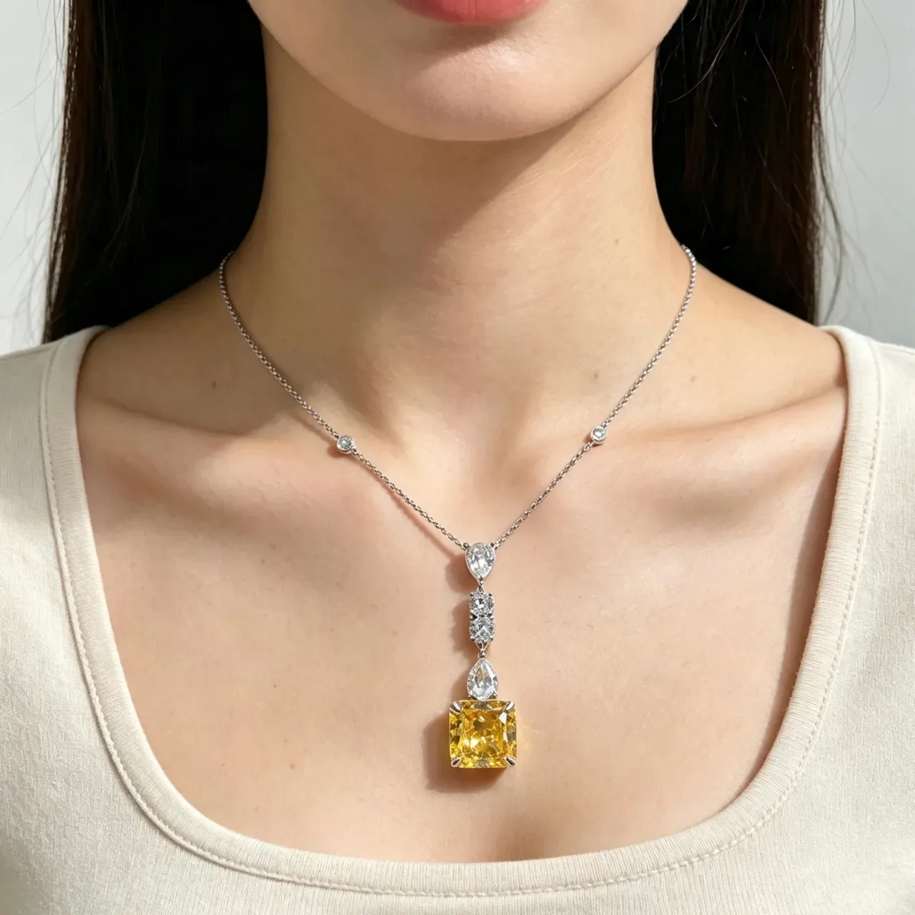 Yellow Silver Drop Pendant Multi-Stone Cascade Necklace 2