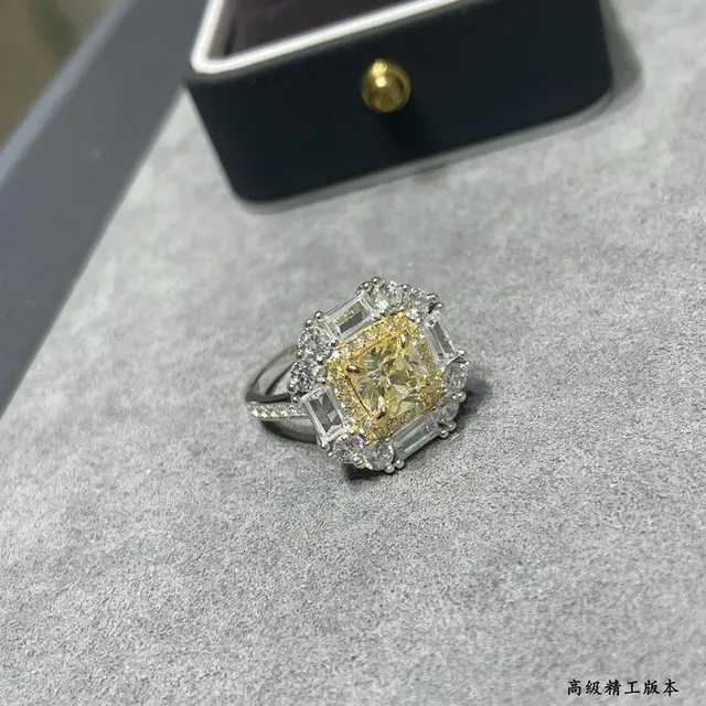 Yellow Silver Halo Cluster Baguette-Accented Ring 4