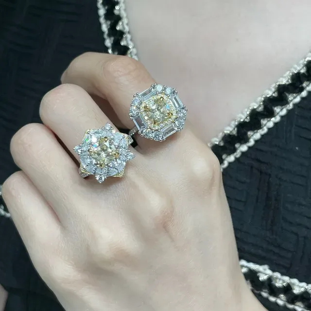 Yellow Silver Halo Cluster Baguette-Accented Ring 7