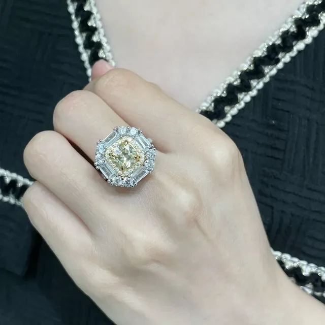 Yellow Silver Halo Cluster Baguette-Accented Ring 8