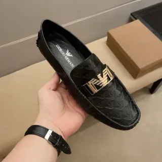 Giorgio Armani Black Gold Embossed Eagle Motif Horsebit Buckle Loafer