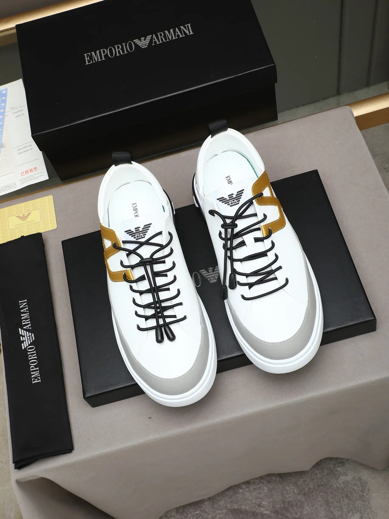 Giorgio Armani White and Gold Monogram Lifestyle Sneakers 2