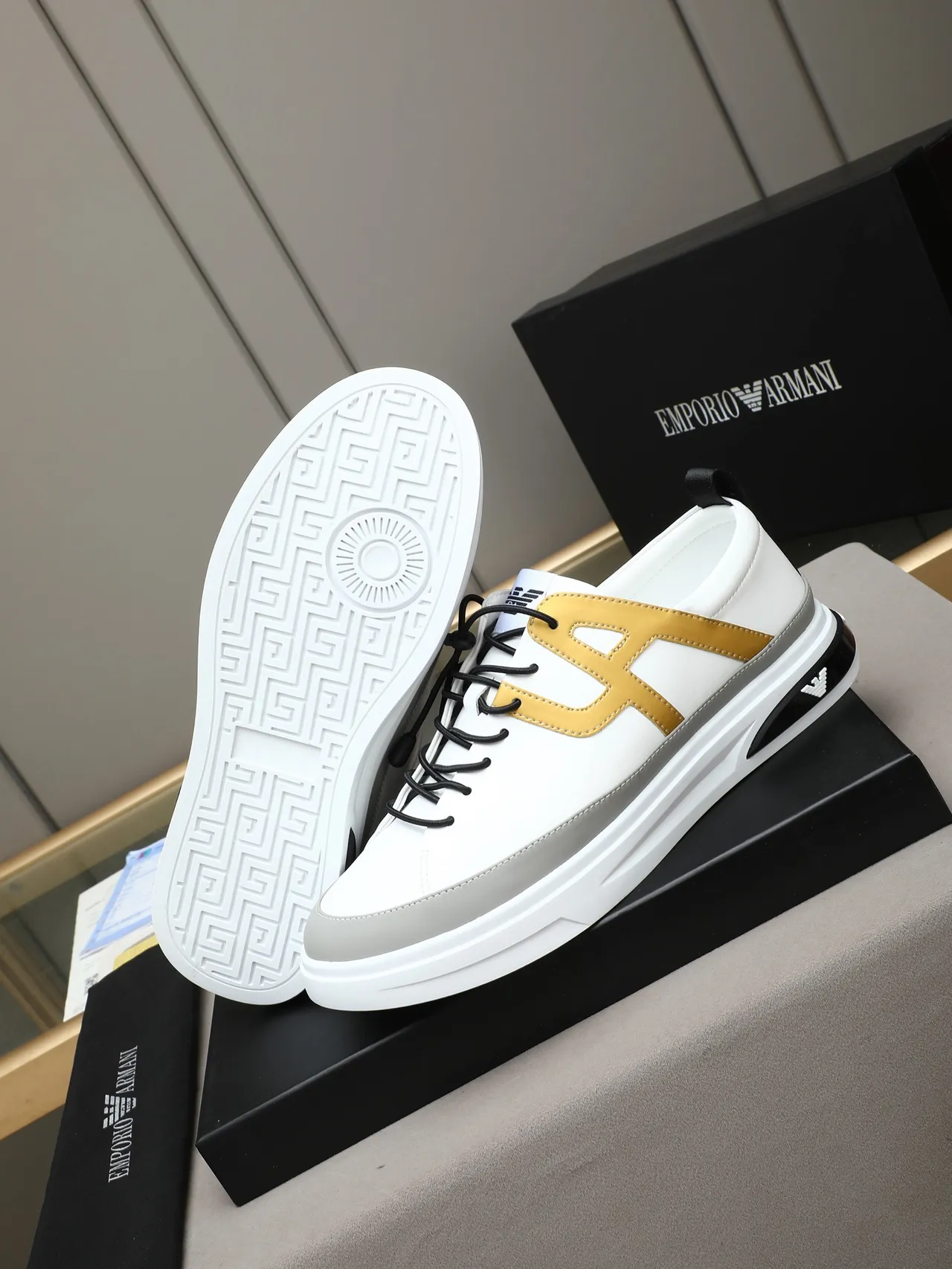 Giorgio Armani White and Gold Monogram Lifestyle Sneakers 4