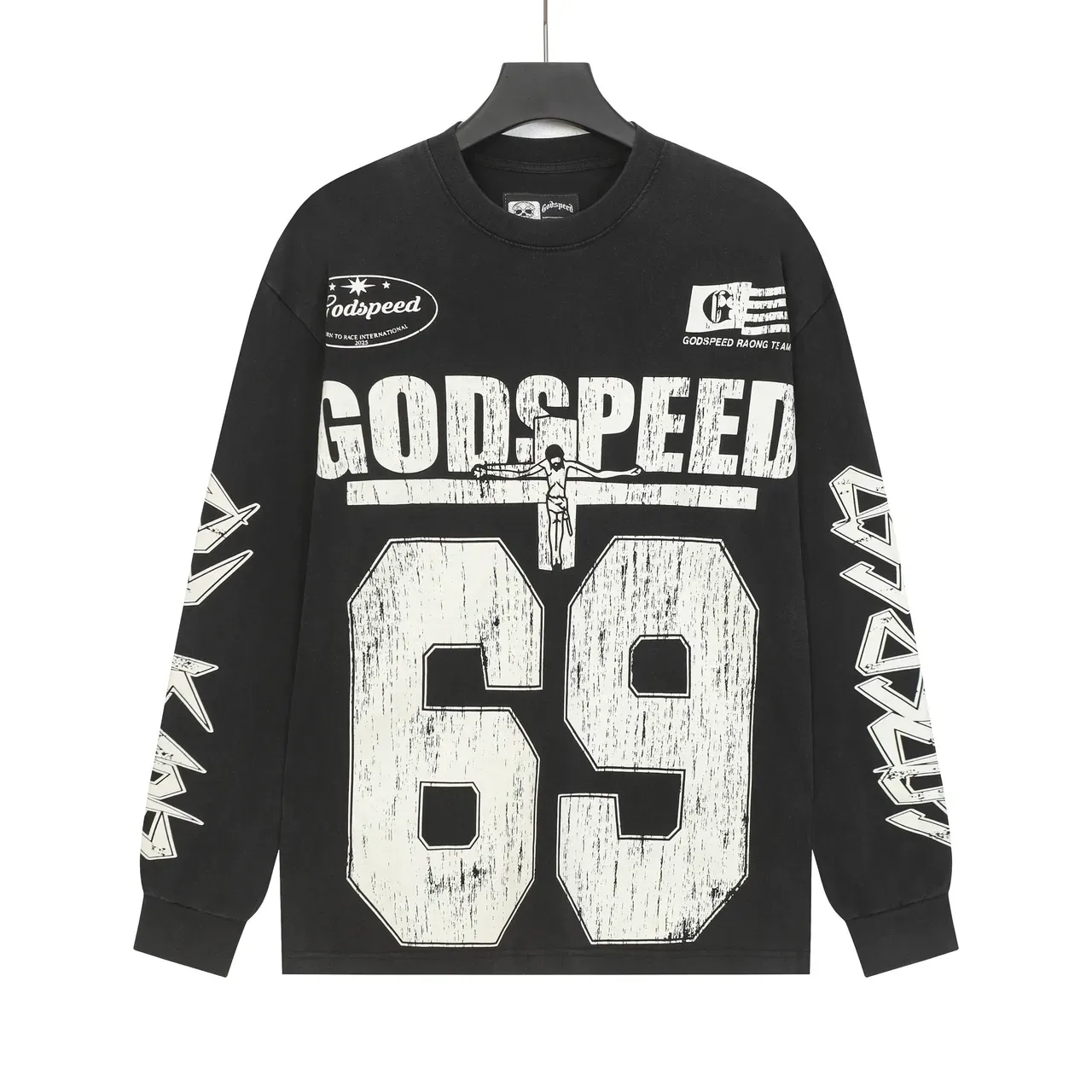 Godspeed Black White Graphic-Print Distressed Typography T-Shirt 2