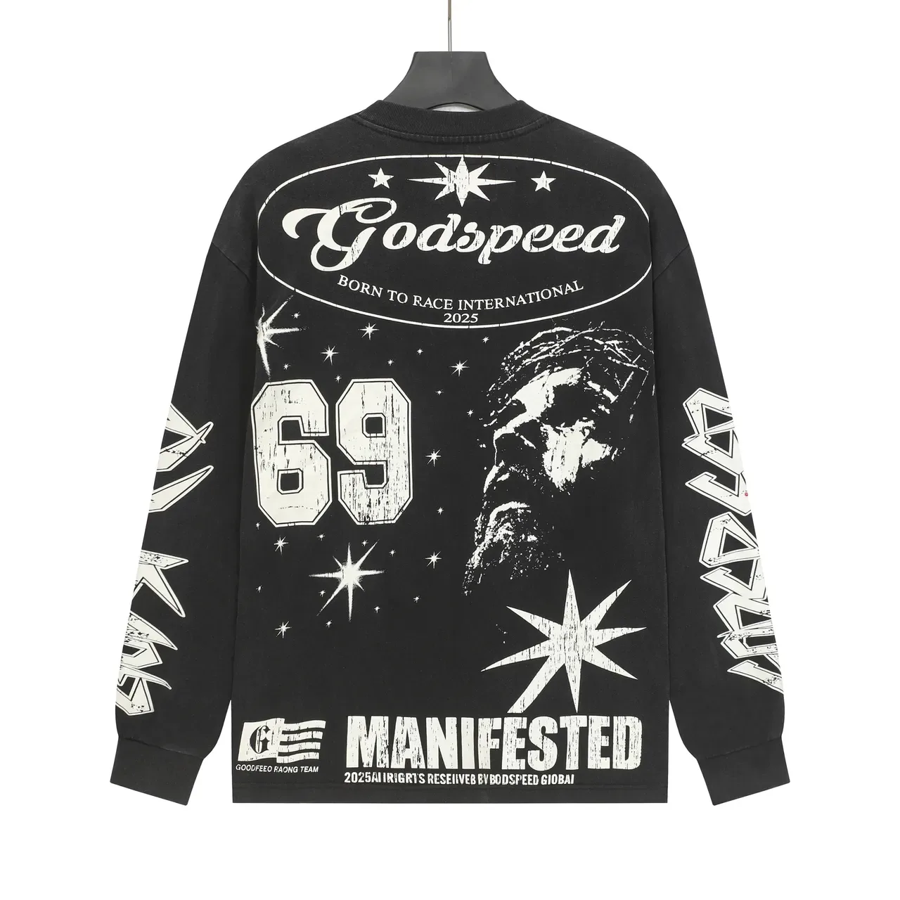 Godspeed Black White Graphic-Print Distressed Typography T-Shirt 3