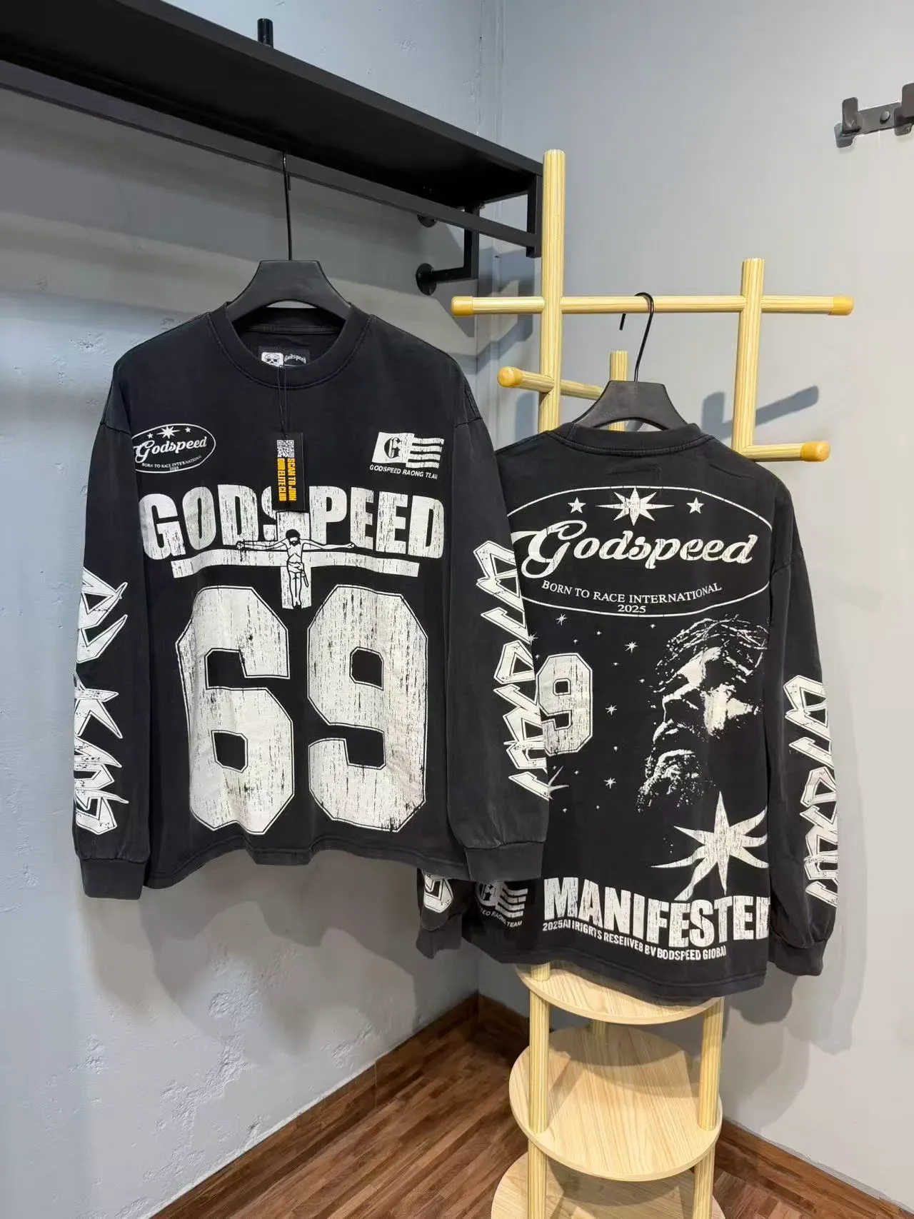 Godspeed Black White Graphic-Print Distressed Typography T-Shirt 4