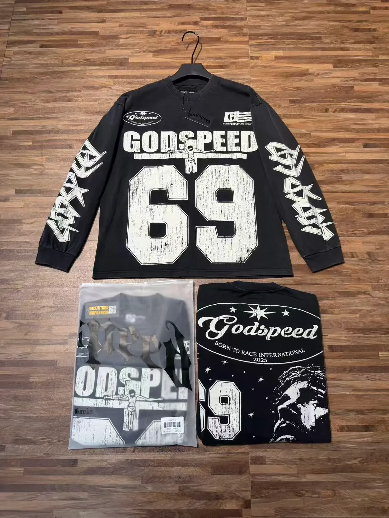 Godspeed Black White Graphic-Print Distressed Typography T-Shirt 5