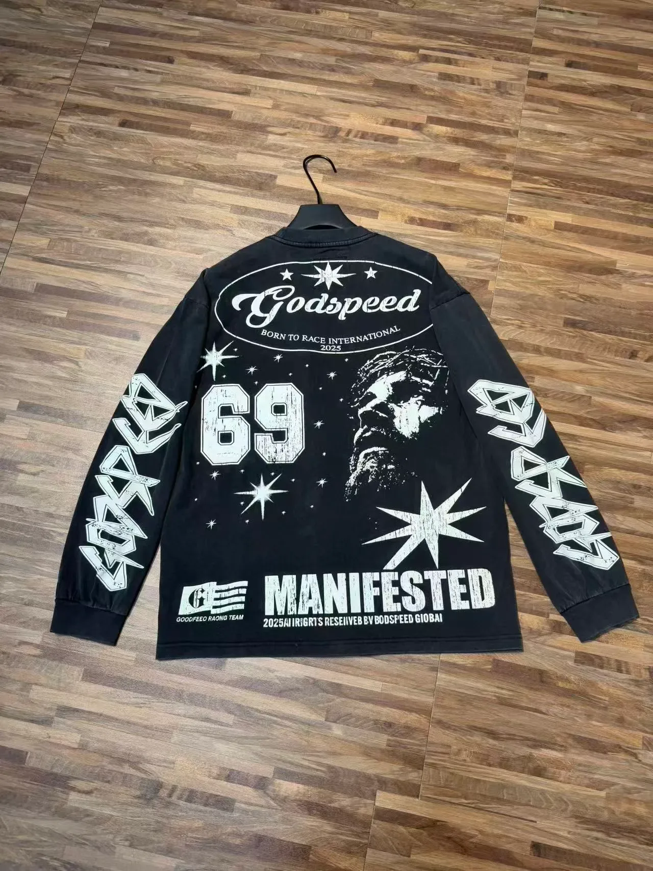 Godspeed Black White Graphic-Print Distressed Typography T-Shirt 6